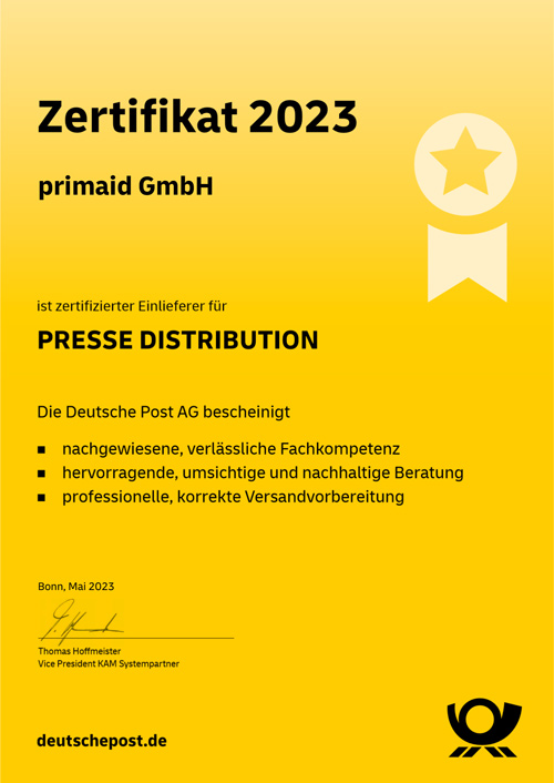 primaid GmbH Zertifikat Presse Distribution 2023
