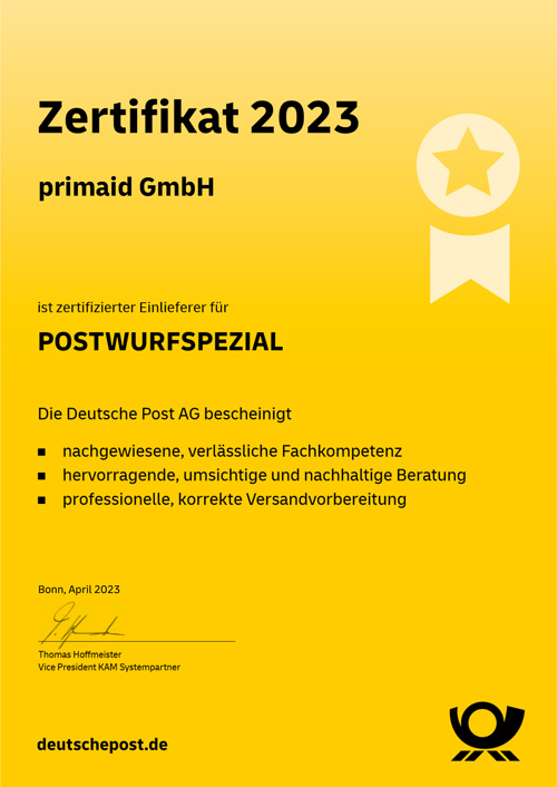 primaid GmbH Zertifikat POSTWURFSPEZIAL 2023