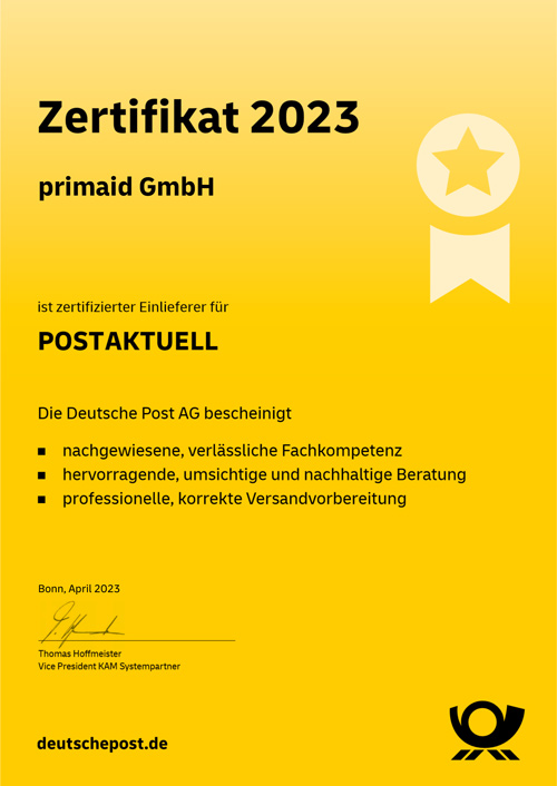 primaid GmbH Zertifikat Postaktuell 2023